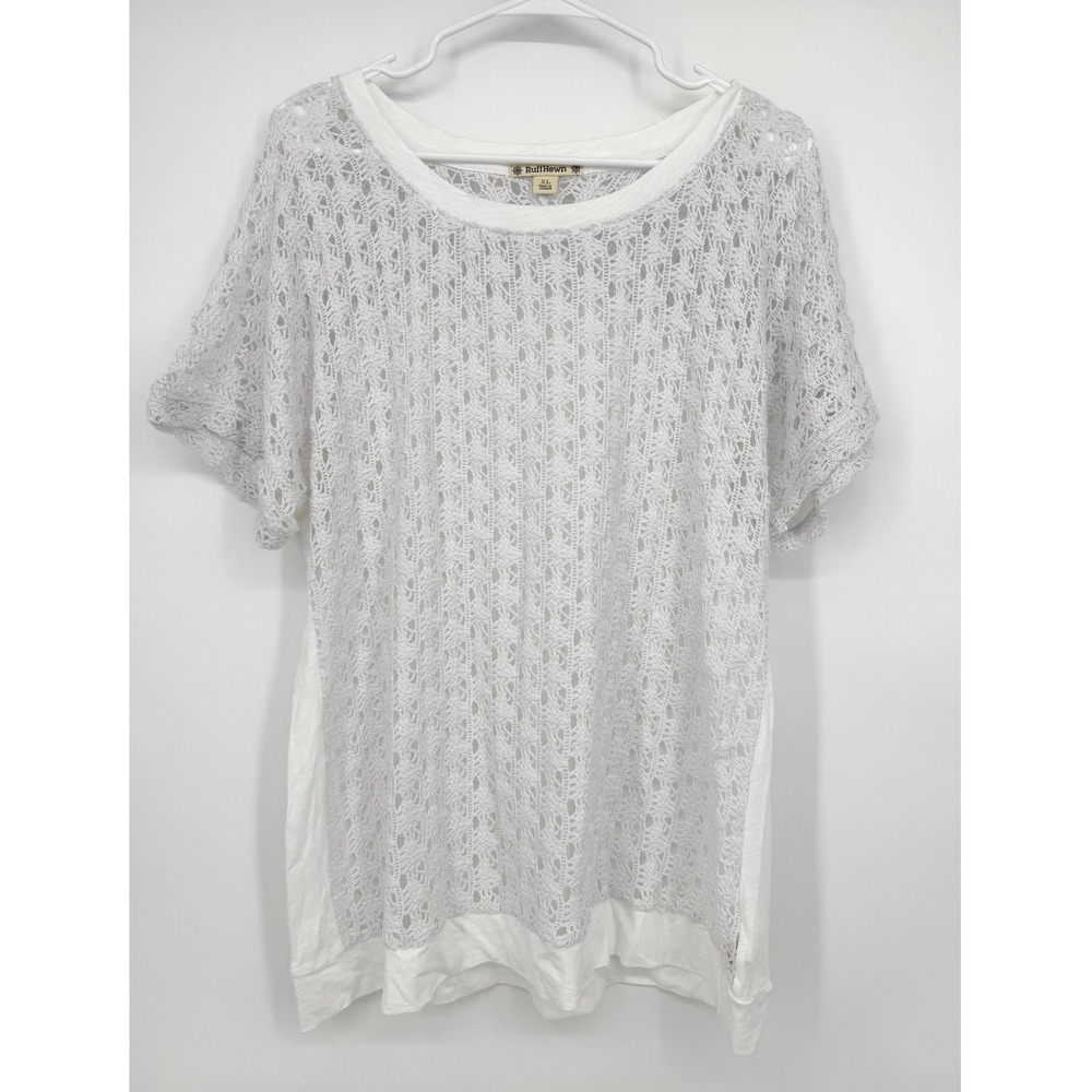RuffHewn Womens XL White Crochet Lace Mixed Media Short Sleeve Top Scoop Neck